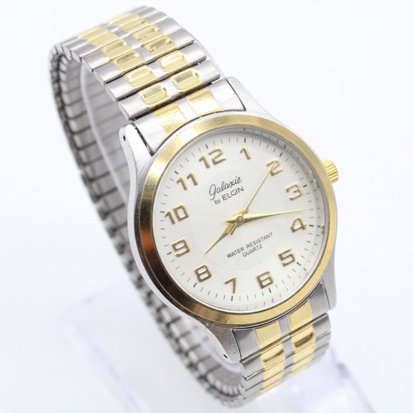 Galaxie By Elgin Watch Mens Steel 37mm Gold Silver Tone Round Stretch Band - Picture 4 of 8